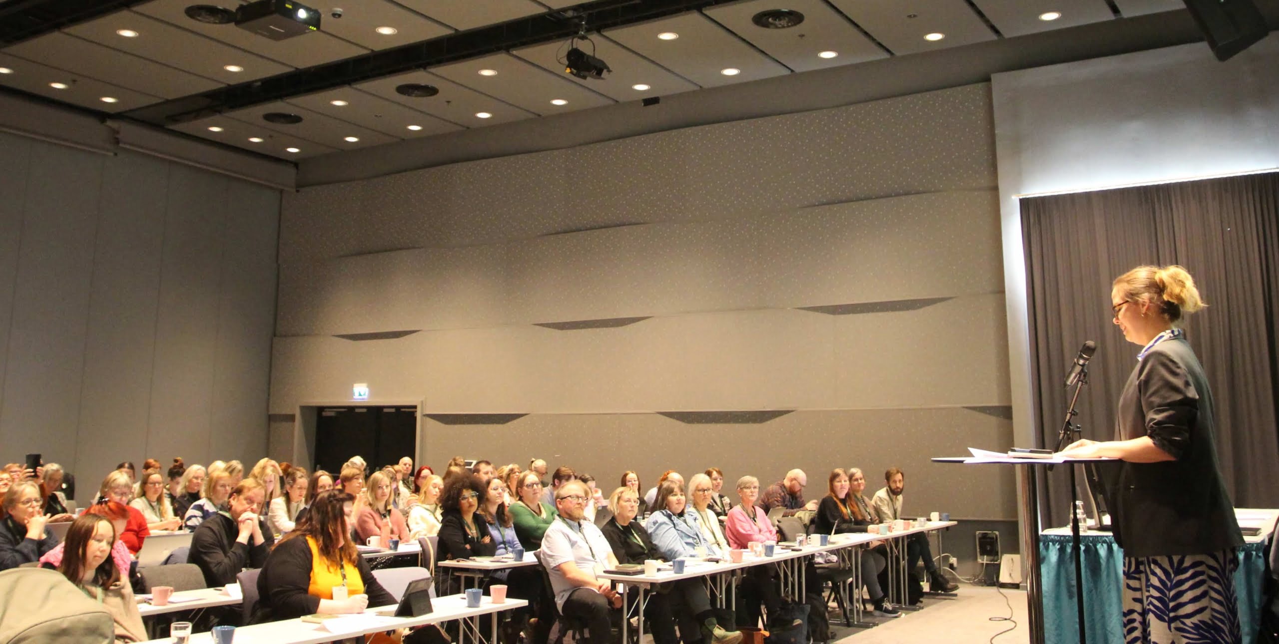 møtesal full av mennesker på møte, ledet av person i forkant av forsamling. Foto.