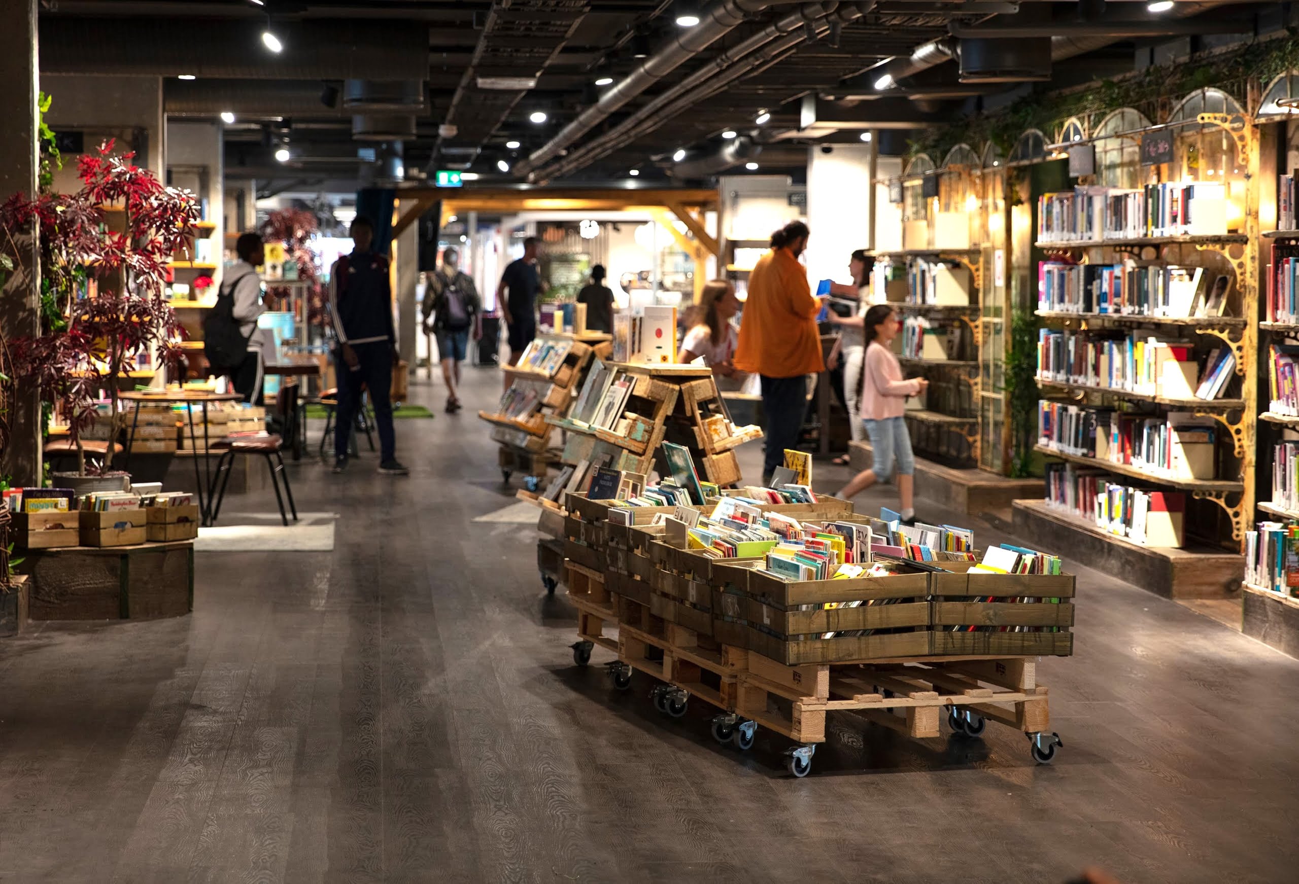 bibliotekmiljø med bøker og folk. foto.