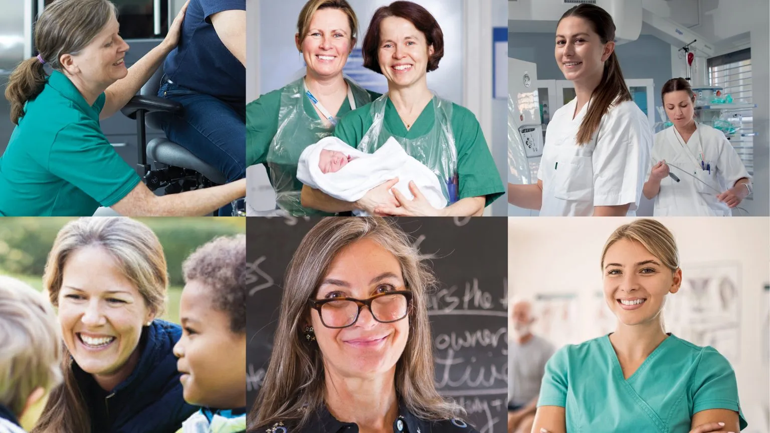 seks ulike foto som viser kvinner på jobb, fotoene viser lærer/ bibliotekar, sykepleier, barnehagelærer og jordmødre. fotomontage.