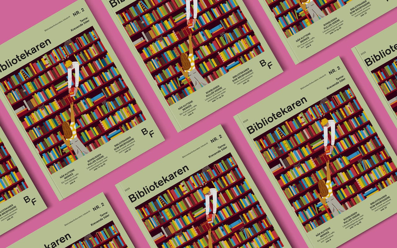 flere utgaver av bibliotekaren - magasinet lagt på en rosa bakgrunn. illustrasjon