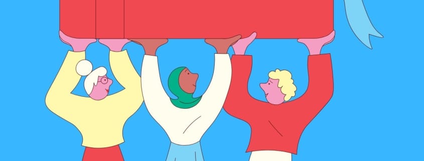 tre personer som sammen løfter en stor bok over hodet. illustrasjon.