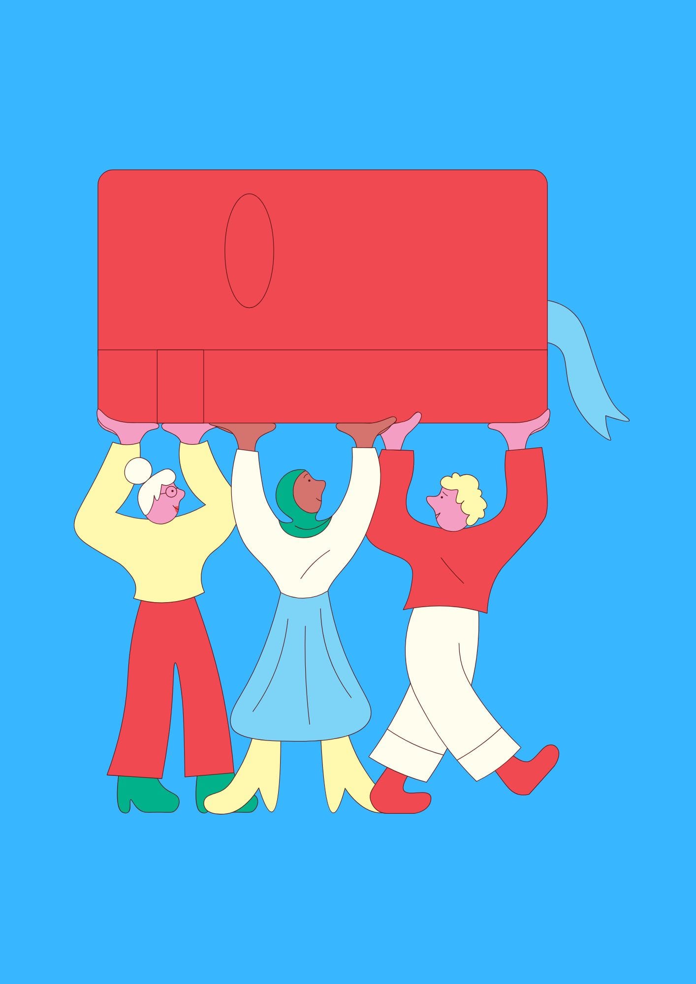 tre personer som sammen løfter en stor bok over hodet. illustrasjon.