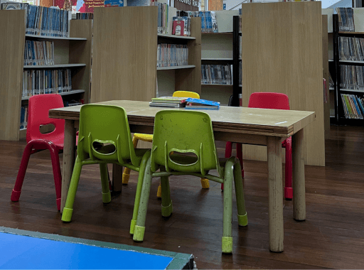 tomt og mørkt skolebibliotek. foto.